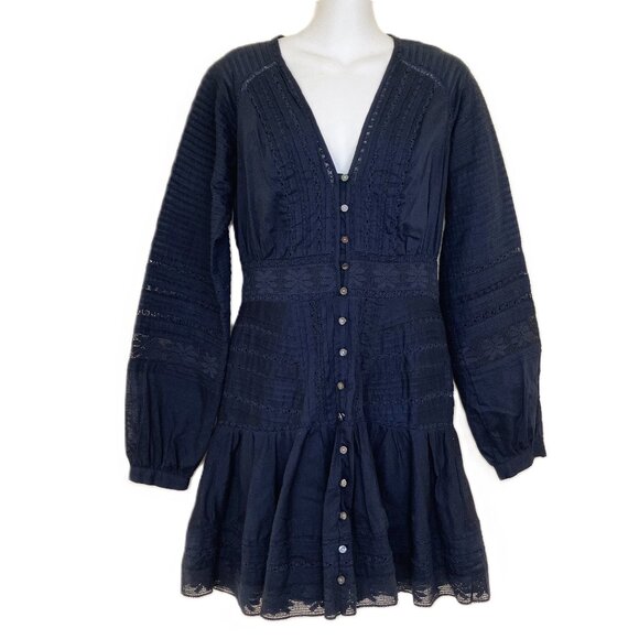 Veronica Beard Addilyn Dress Long Sleeve Navy Ink Blue Eyelet Lace Women's 4 - Picture 2 of 8